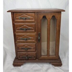 Vtg Wood Jewelry Music Box Armoire Dresser W/ Metal Necklace Carousel Untested